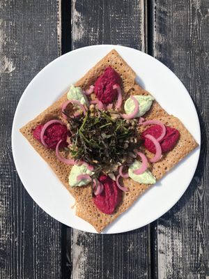 Mushroom tatar with tarragon, beetroot and pickled onions. at Kesses Hus in Klitmoeller