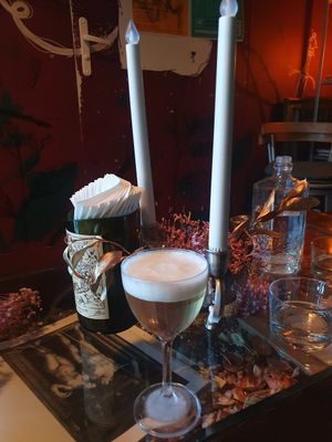 Wanderer's Gimlet: Bizongrass + Gin, Chamomile, Pink Pepper at MIRZAM COCKTAIL BAR in Gdansk