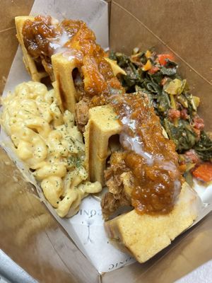 Chicken and waffle with mac and cheese  at The Vegan Sushi Spot in Houston