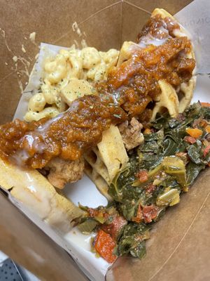 More chicken and waffle with Mac and cheese  at The Vegan Sushi Spot in Houston