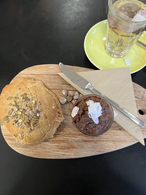 bun with dadeltella and tea  at Café Gaya in Aarhus