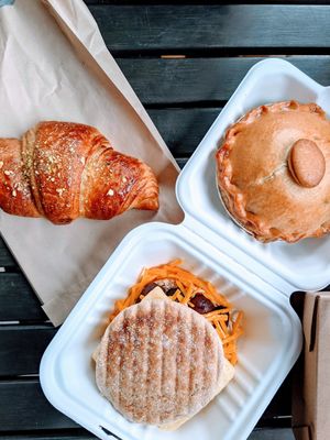 Pistachio Croissant, breakfast sandwich, pot pie at Clementine Bakery in Brooklyn