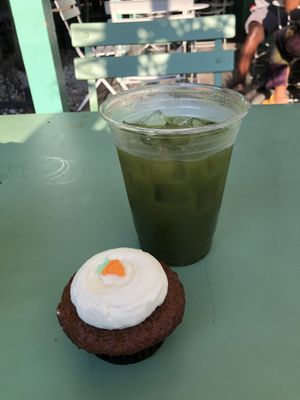 carrot cake cupcake and matcha lemonade!!!!  at Clementine Bakery in Brooklyn