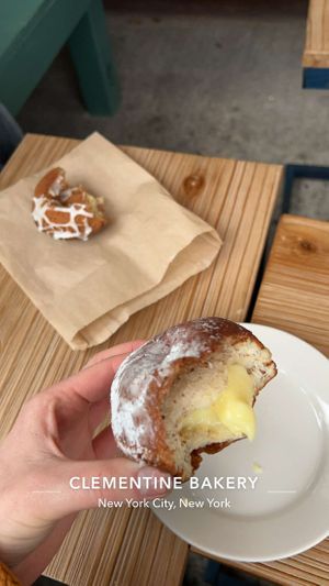 Gluten free pumpkin donut (far), custard filled donut (near)  at Clementine Bakery in Brooklyn