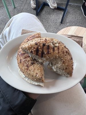 Everything bagel with dill cream cheese 🥒 🥯   at Clementine Bakery in Brooklyn