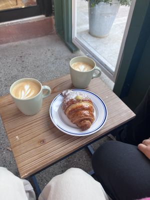 Soy lattes and a pistachio croissant 🥐 😋   at Clementine Bakery in Brooklyn