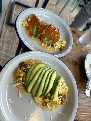 Vegan breakfast tacos (one order with the hot sauce and one without)  at Clementine Bakery in Brooklyn