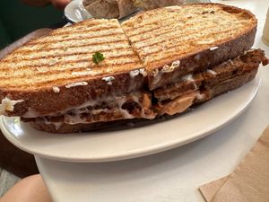 Yes plz!!!! TNW sandwich: Seitan pastrami, plant-based mozzarella, sauerkraut, 1000 dressing on sourdough  at Clementine Bakery in Brooklyn