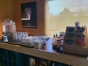 Self-serve water and tea  at Eatwell Organic Noodle in Florence