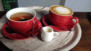 Oat latte and soy tea at d20 Board Game Cafe - Uxbridge in Uxbridge