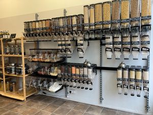 Wide selection of nuts, cereals, pulses, dried fruits and granola.  Also vinegars and oils on tap. There are also crystallised fruits and flours including gluten free. at Newark Eco Refill in Newark
