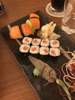 Salmon nigiri (2) and tuna maki (8)  at Miss Vegan in Berlin