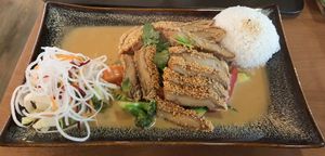 Com Sot Lac (peanut sauce in coconut milk) with vegan duck at Miss Vegan in Berlin