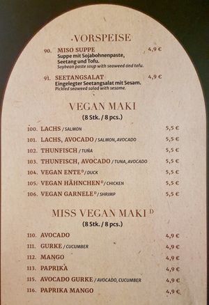 sushi menu at Miss Vegan in Berlin
