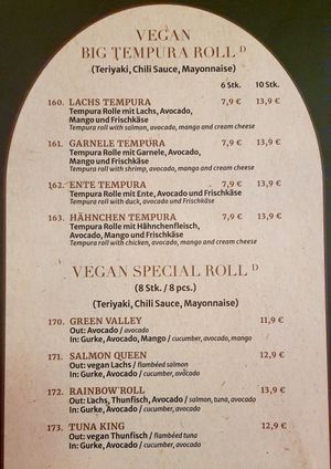 sushi menu at Miss Vegan in Berlin