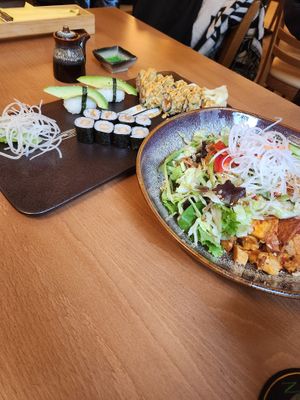 Sharing sushi plater and shared a huge main as well. Very filling    at Miss Vegan in Berlin