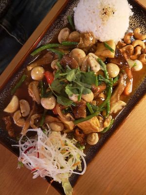 Tofu, seitan and mushroom in dark sauce with rice at Miss Vegan in Berlin