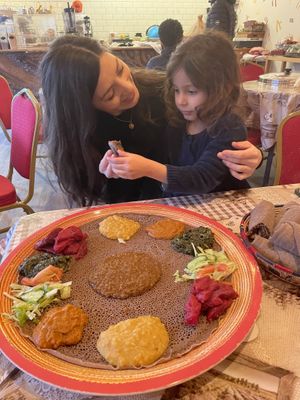Injera with wot - Ancient grain Teff flatbread with traditional Vegan Ethiopian stews   at Afro Veg Flavour in Birmingham