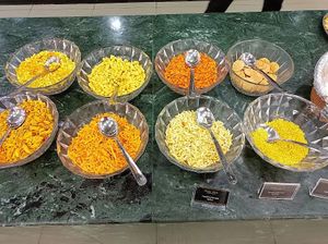 Variety of dry snacks (Chavana, sev, gathiya, puri etc) at Ghee Gud in Ahmedabad