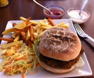 Vegan burger and sauces at Bean and Gone Cafe in 