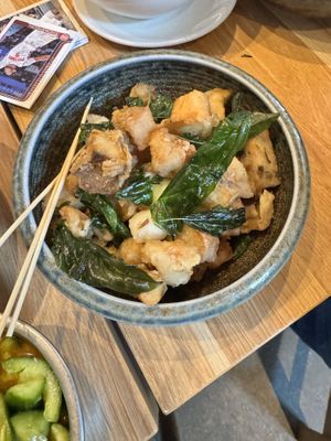 Fried mushroom with fried basil  at Pine & Crane in Los Angeles