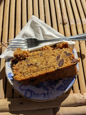 Vegan chocolate, rosemary and olive oil cake at The Pack Horse Cafe in Bridport