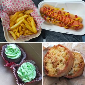 Vegan hot dog and chips, mint chocolate cupcakes and macaroni pies at The New Denver in Cullen