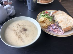 Cauliflower soup with garlic mushroom & cheese toastie  at The New Denver in Cullen