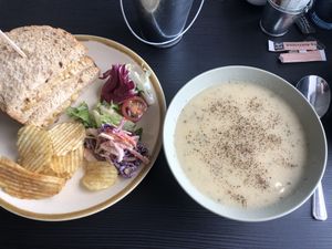 Cauliflower soup with coronation chickpea sandwich  at The New Denver in Cullen