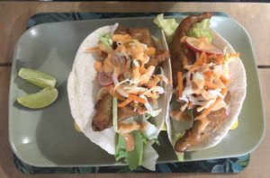 F*sh tacos made with banana blossom  at The New Denver in Cullen