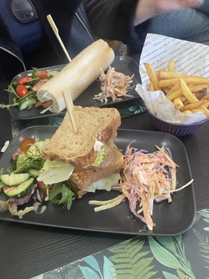 Fake bacon, lettuce and tomato sandwich and baguette ( bacon is from Vegan skinhead which is the best) and garlic mushrooms on sourdough toast 😍  at The New Denver in Cullen