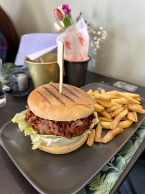 Onion Bah jee burger and chips   at The New Denver in Cullen