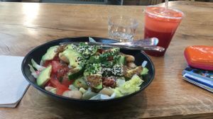 bean and avocado salad with fire starter juice at Funk You Natural Food in Berlin