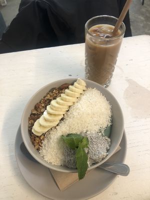 Blue Protein Bowl (6/10) and iced americano   at Funk You Natural Food in Berlin