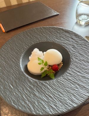 Champagne Sorbet, Warm Berry Compote, Toasted Granola  at Poacher Restaurant in Ballina