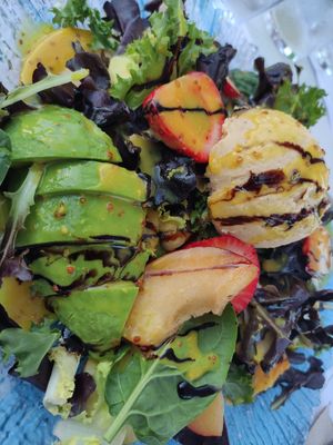 Large salad with fruit, veganised at Massai Mara Beach Club in Torre Del Mar