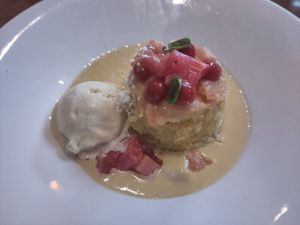 Lemon and rhubarb sponge at Ascough's Bistro in Market Harborough