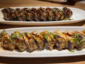 Dragon roll and deep fried California roll…tasted like overpowering  bbq sauce..  at Sancha Sushi in San Francisco