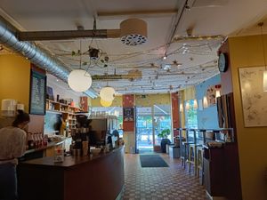 Indoor seating area and the bar at Evita Espressobar in Oslo