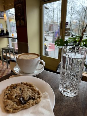 Vegan cookie and oat latte  at Evita Espressobar in Oslo