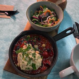 vegan shakshuka, mixed salad and pita  at blattwerk in Freiburg