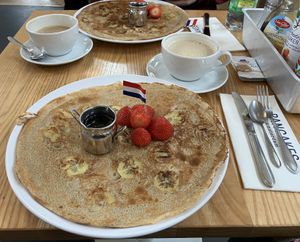Banana pancakes with strawberries   at Pancakes - Westermarkt in Amsterdam