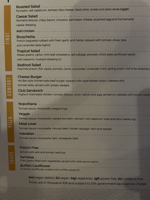 Vegetarian options marked as vg / vegan as v  at Hai Bar & Grill in Lembongan