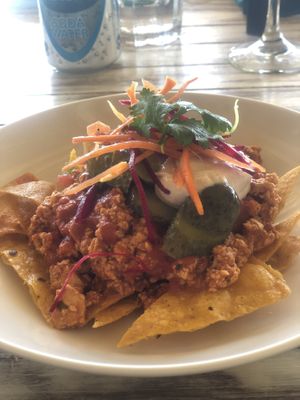 Vegan nachos with tofu bolognese and vegan aioli   at Hai Bar & Grill in Lembongan