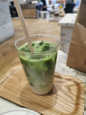 Matcha iced latte with split pea milk at Jules coffee & concepts in Haarlem