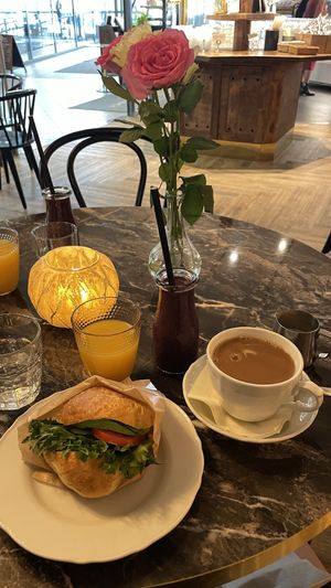 Sandwich, smoothie, juice, and coffee  at Bakery Miriam  in Jyvaeskylae