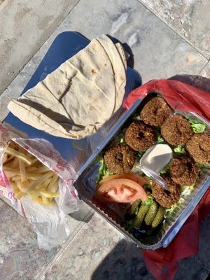 falafel plate served with salad, pita and tahini sauce, fries #Veganuary at Zahrat Loubnan in Agadir