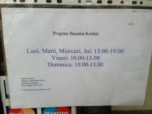 hours at Bacania Kosher in Bucharest