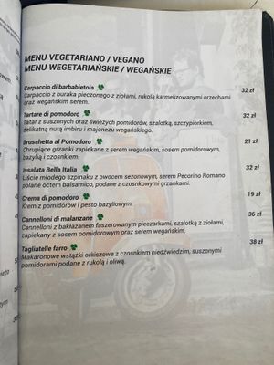 Vegetarian menu at Bella Italia in Mikolajki
