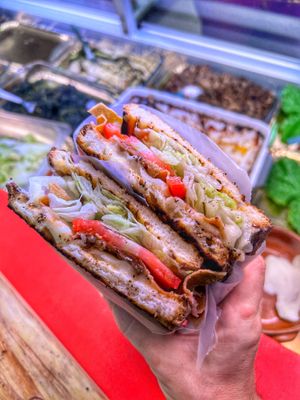 Crostone 100% Vegan farcito con Formaggio Violife piastrato,insalata,pomodori e Vegan Presciutto  dell’azienda Fermaggio.  at Burger's Bró in Naples